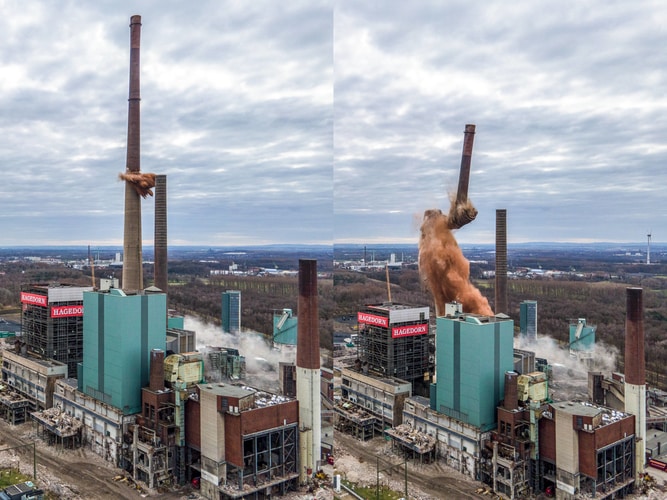Koniec gigantycznego komina w dawnej elektrowni na węgiel brunatny w Lünen, miał 250 metrów wysokości